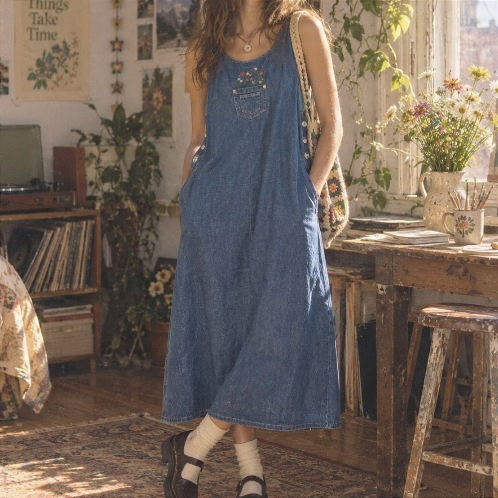 Vintage 90s Jumper Midi Dress Floral Embroidery Denim Large Blue Folk Cottage